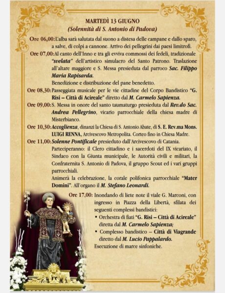 Sant'Antonio di Padova, grande festa a Gravina di Catania. Il programma di oggi