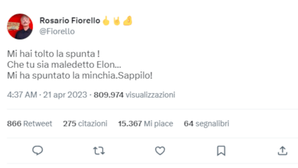 Elon Musk toglie la spunta blu a Fiorello, lo showman: «Mi ha spuntato la m*****a. Sappilo!»