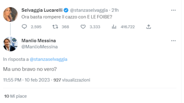 Selvaggia Lucarelli parla delle Foibe, Manlio Messina risponde: «Ma uno bravo no vero?»