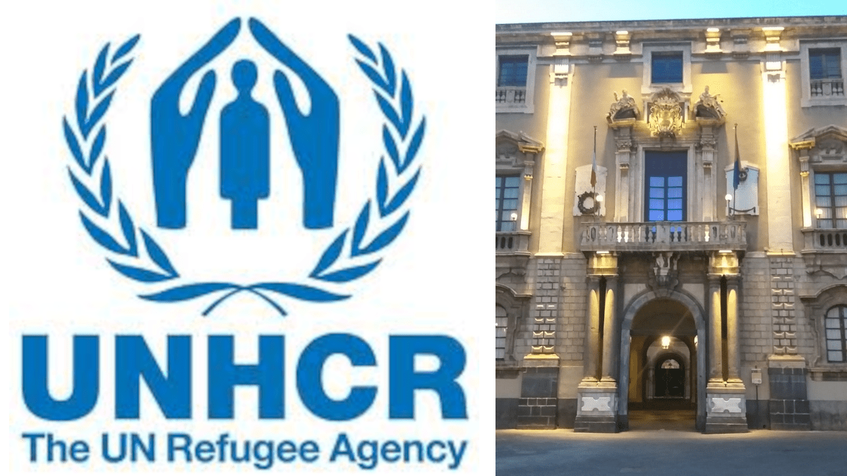 Balcone centrale blu al Palazzo degli Elefanti per la Giornata del Rifugiato e sensibilizzare sulla campagna UNHCR