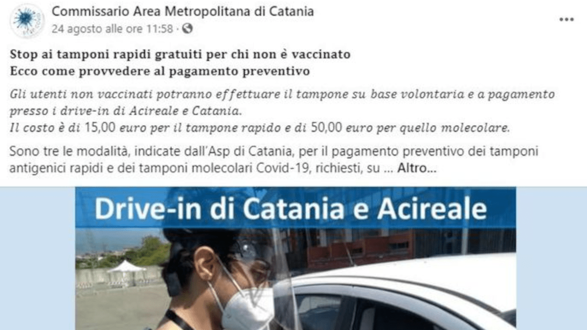 Tamponi a pagamento: No-Vax attaccano pagina Facebook del Commissario di Catania (I FATTI)