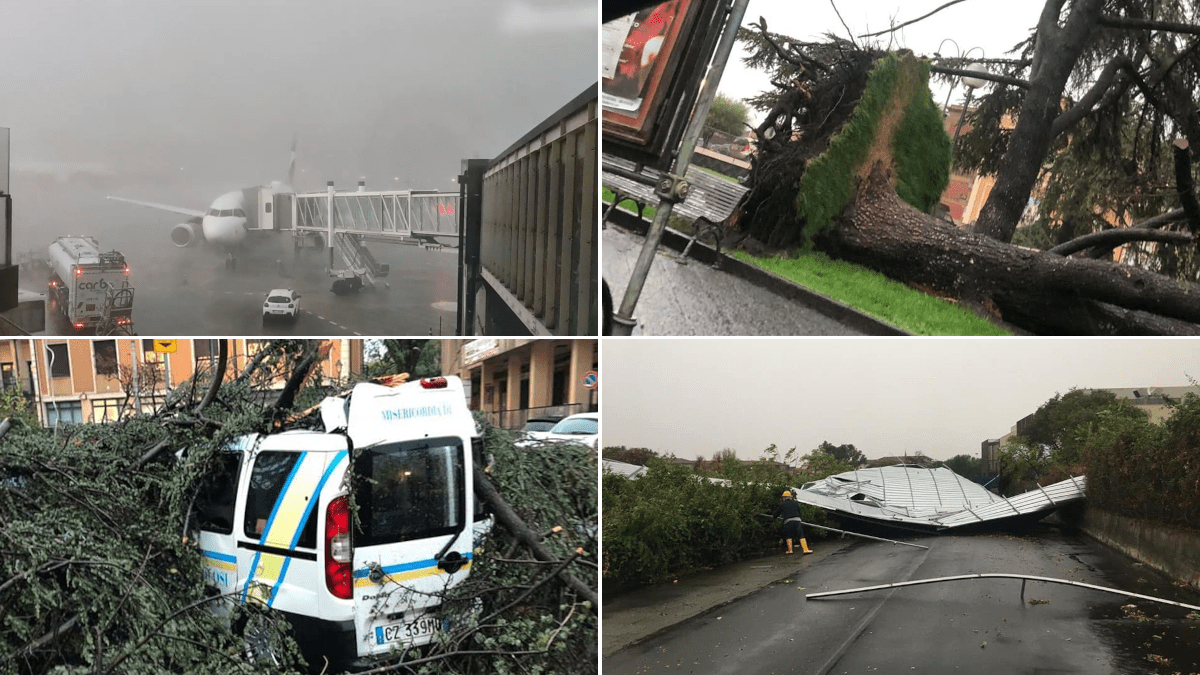 Tornado Catania: aeroporto in difficoltà, scoperchiato il PalaCannizzaro, caduto albero secolare (FOTO E VIDEO)