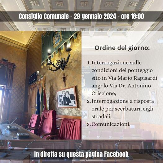 Consiglio comunale in diretta: seguilo sulla pagina Facebook del Comune di Ragusa