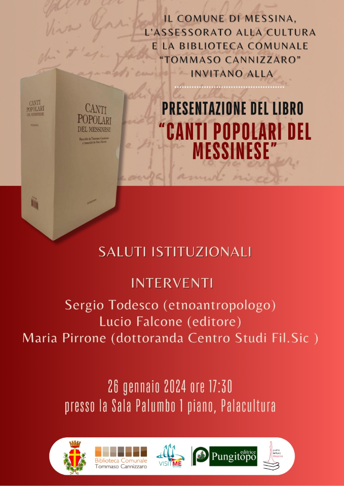 "I Canti popolari del messinese" di Tommaso Cannizzaro: presentazione alla Biblioteca comunale venerdì 26 gennaio