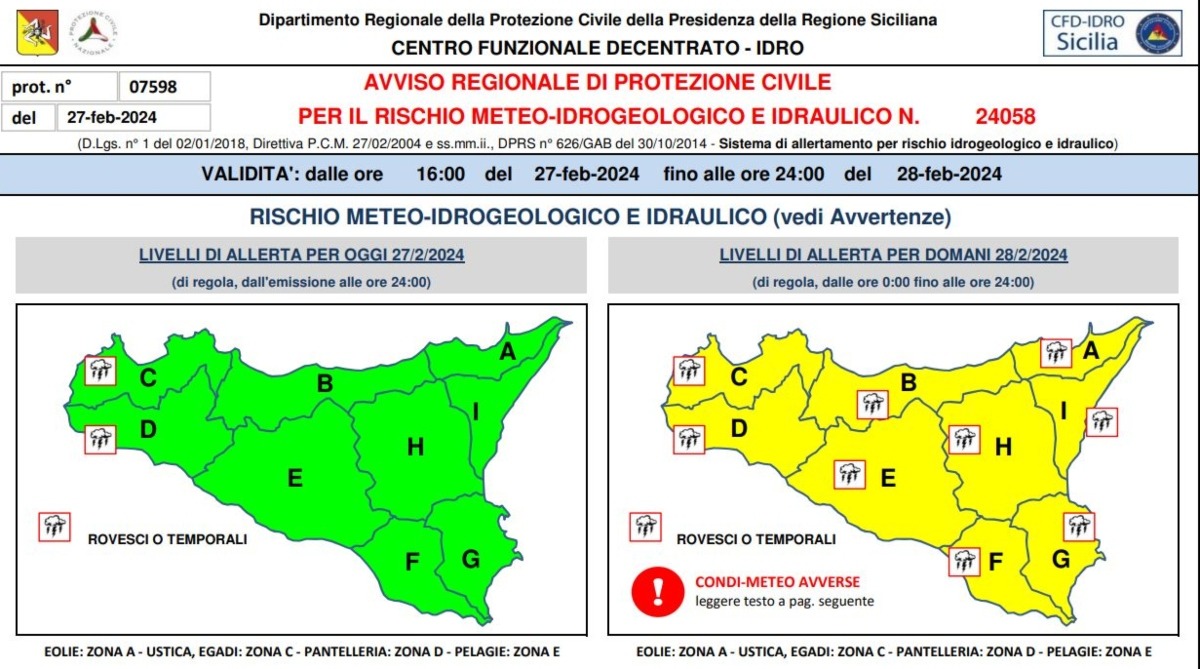 Allerta meteo, nuovo bollettino della Protezione Civile Sicilia
