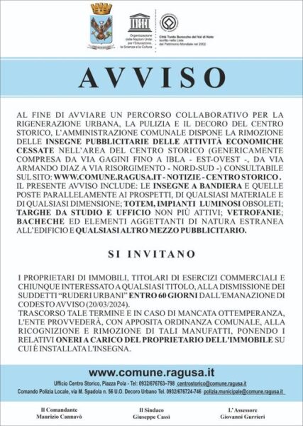 Comunicato stampa: Rimozione insegne pubblicitarie centro storico Ragusa