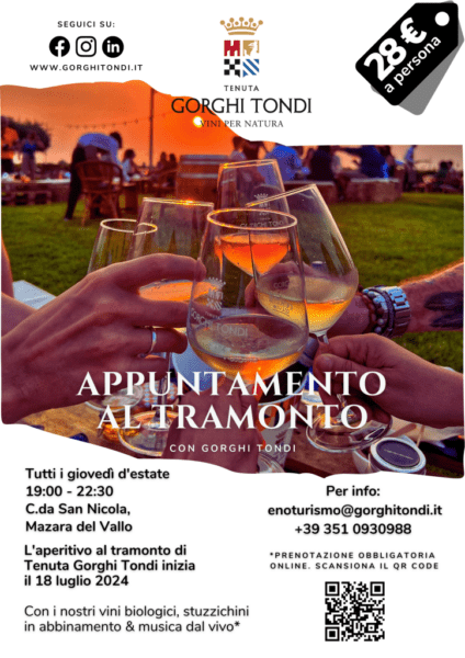Appuntamento al tramonto: l'aperitivo estivo di Tenuta Gorghi Tondi a Mazara del Vallo