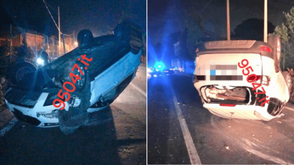 Incidente stradale nel Catanese: auto ribaltata, palo abbattuto e donna ferita